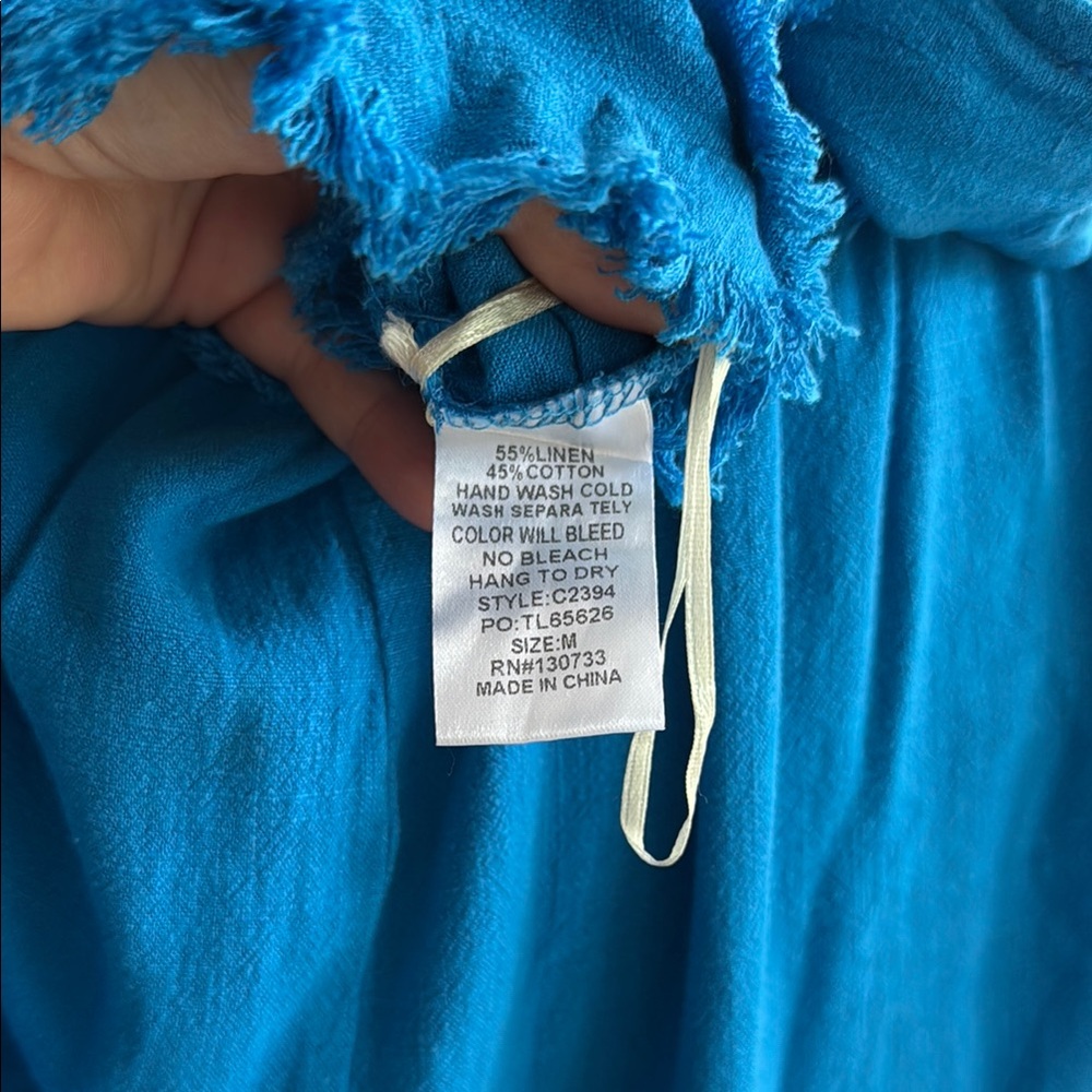 Umgee Blue Linen blend Ruffled Tank Top raw frayed hem flowy oversized - Picture 8 of 8